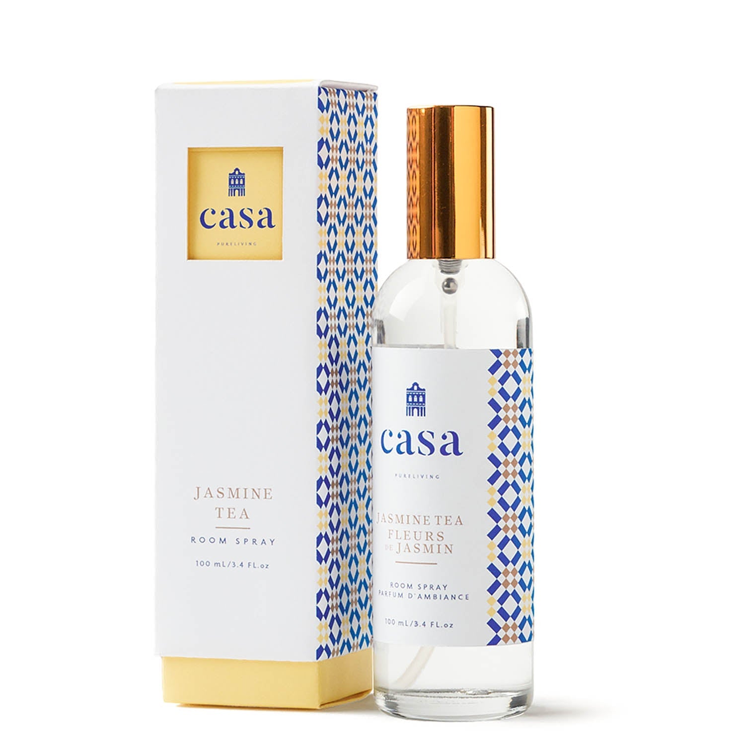 Vaporisateur dans une bouteille de verre avec sa boîte et motif jaune et bleu.