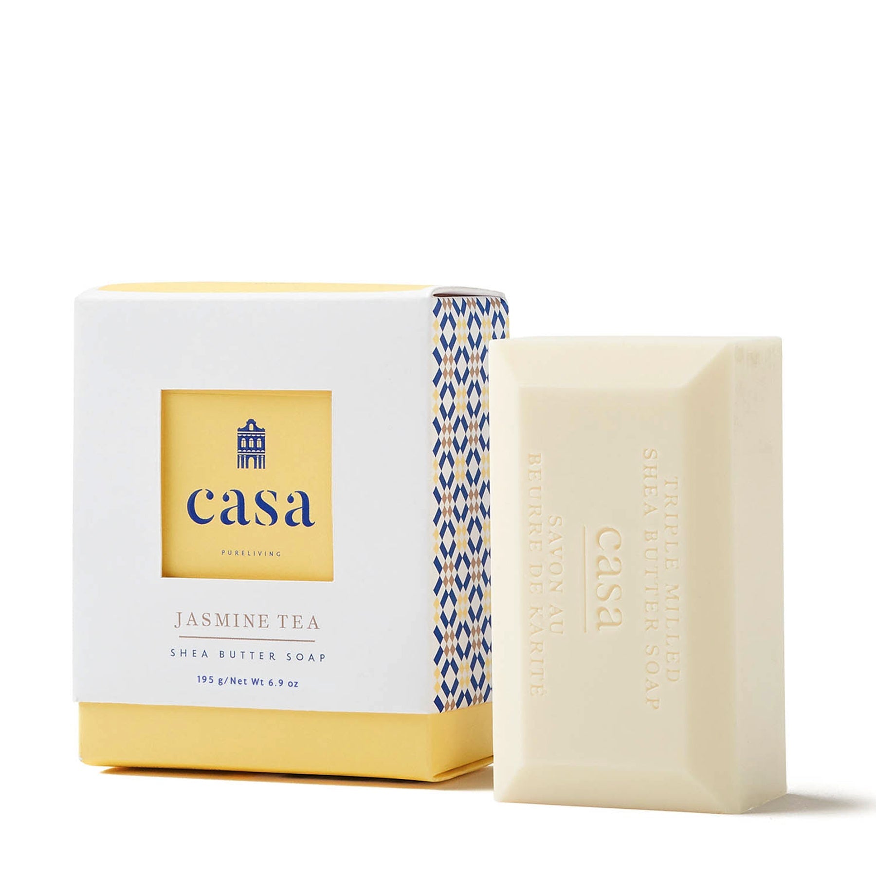 Savon pour le corps en barre à la fleur de jasmin dans une jolie boîte aux accents jaunes.