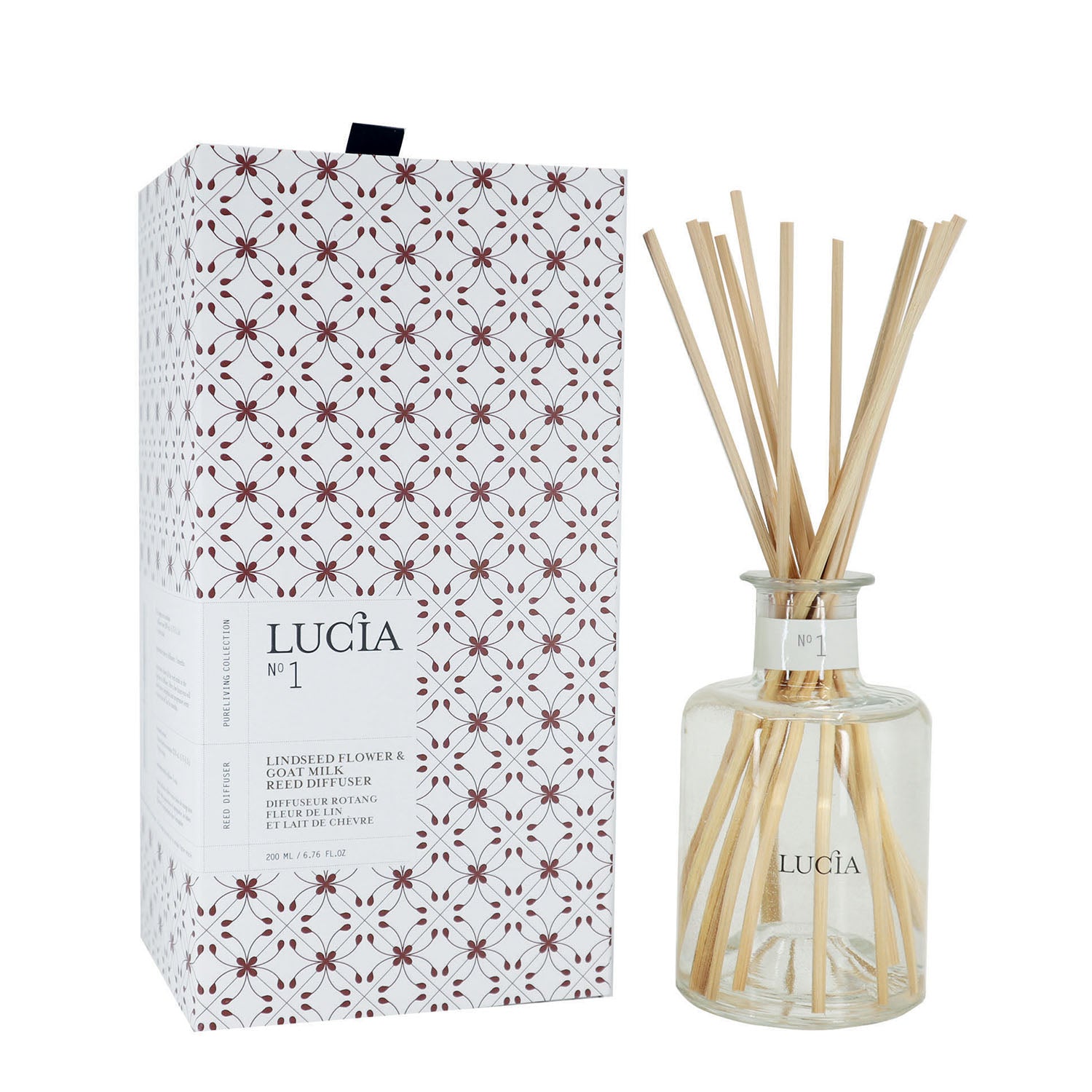 Diffuseur à bâtons dans une bouteille en verre clair avec sa boîte en carton aux motifs roses.